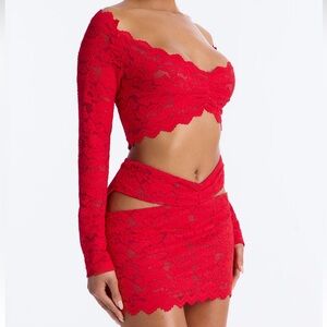Elegant Red Lace Skirt Set